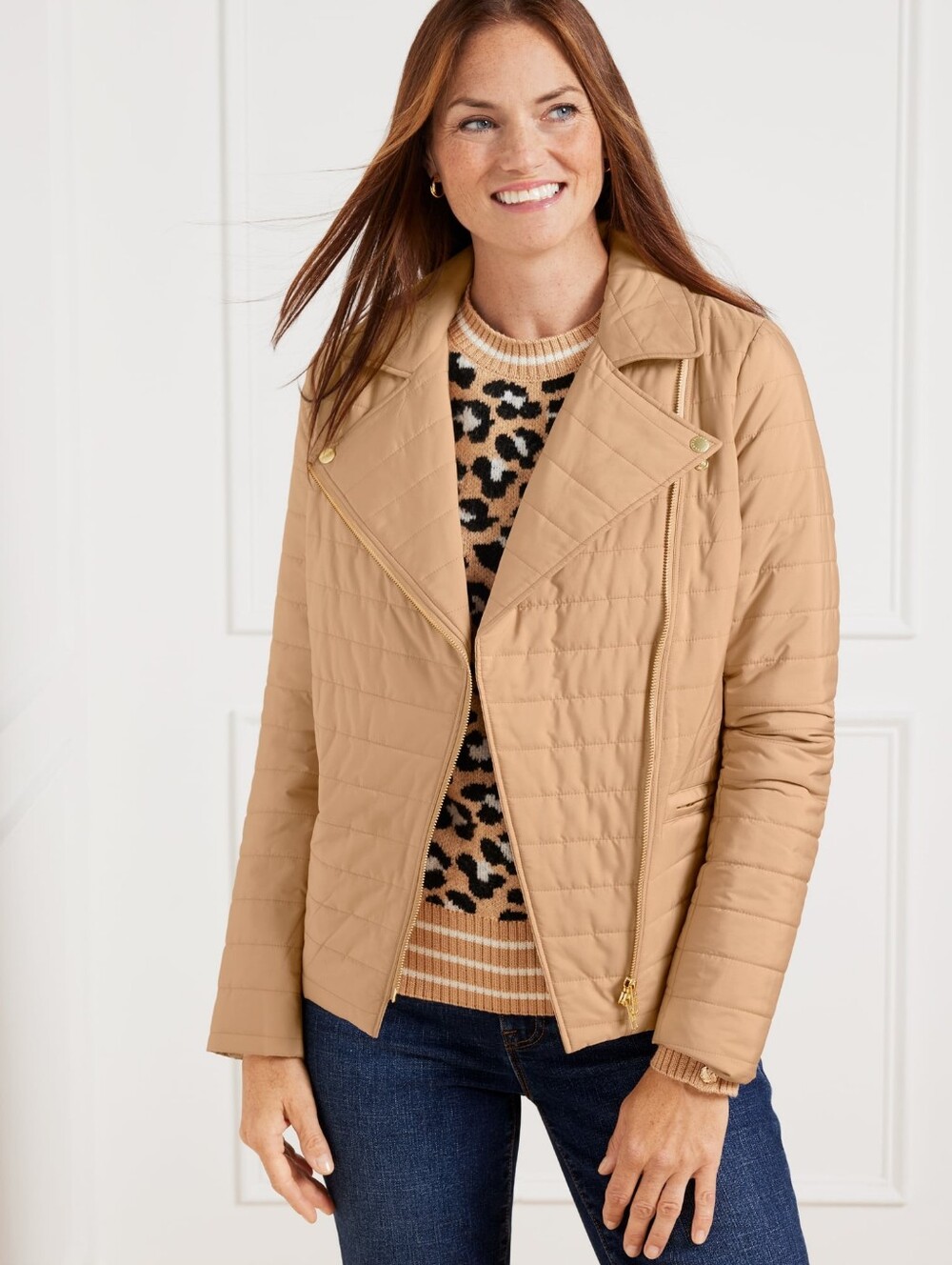 Talbots Quilted Moto Womans Jacket Ivory Size Medium